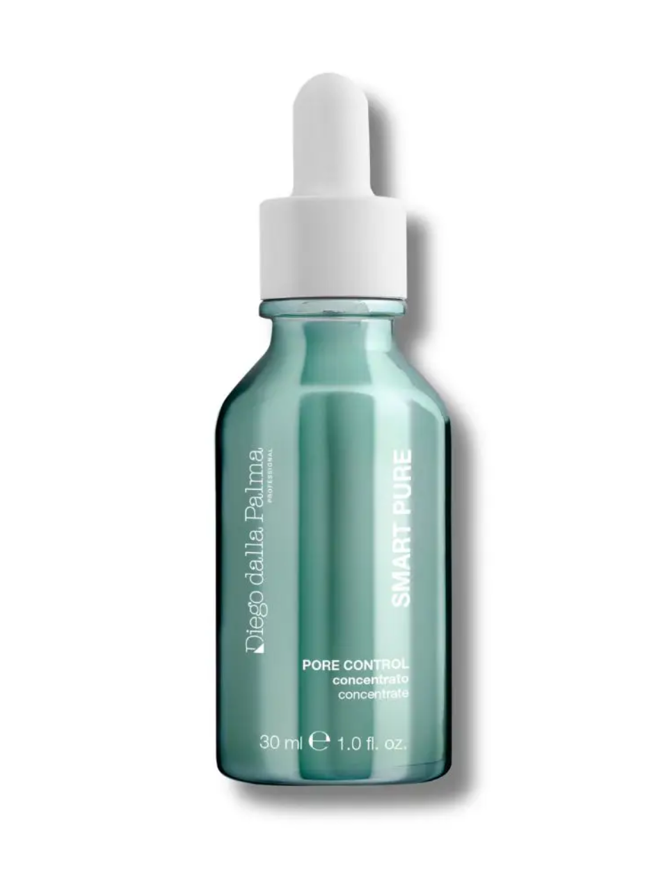 A 30 ml dropper bottle of Diego della Palma Smart Pure Pore Control Concentrate, featuring a translucent teal-green glass bottle and a white dropper cap, set against a plain white background with a soft drop shadow.