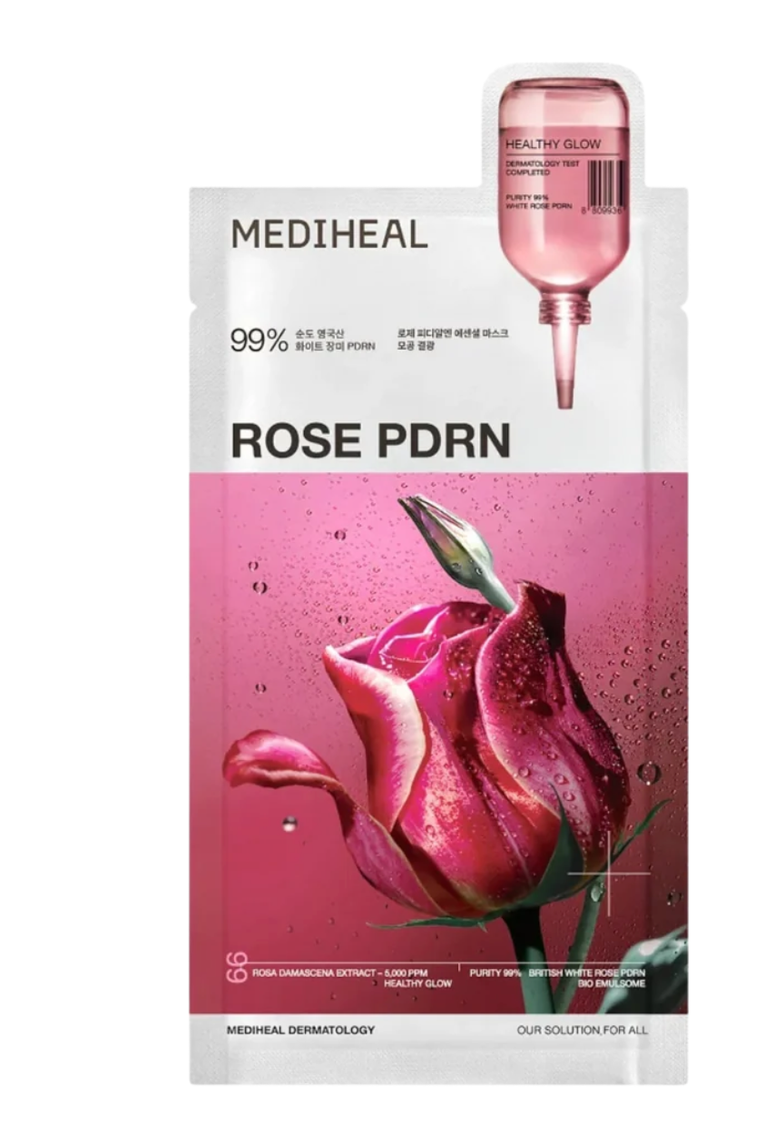 Mediheal Rose PDRN skincare sachet with a pink rose illustration and a small dropper bottle graphic on a white background.