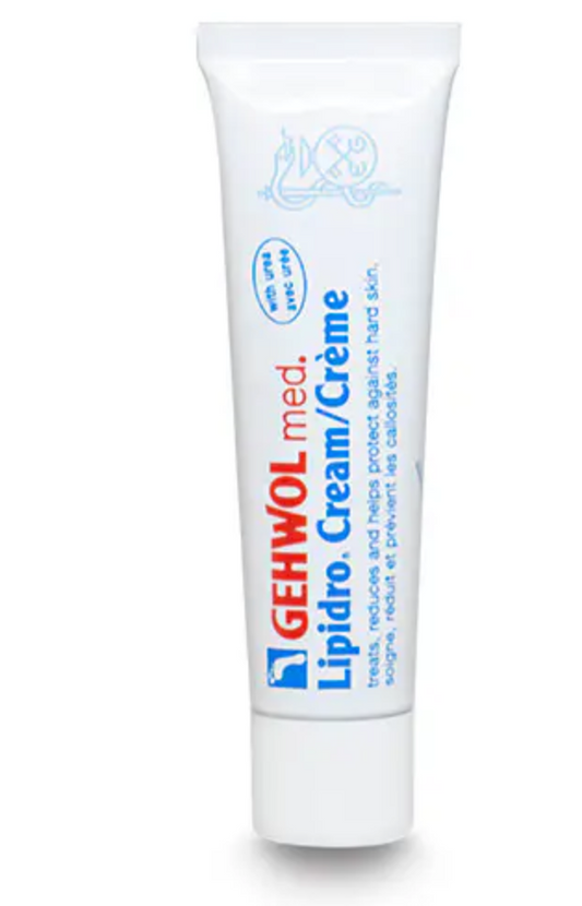 A white squeeze tube of GEHWOL med. Lipidro Cream/Crème with blue and red text, shown on a plain white background.