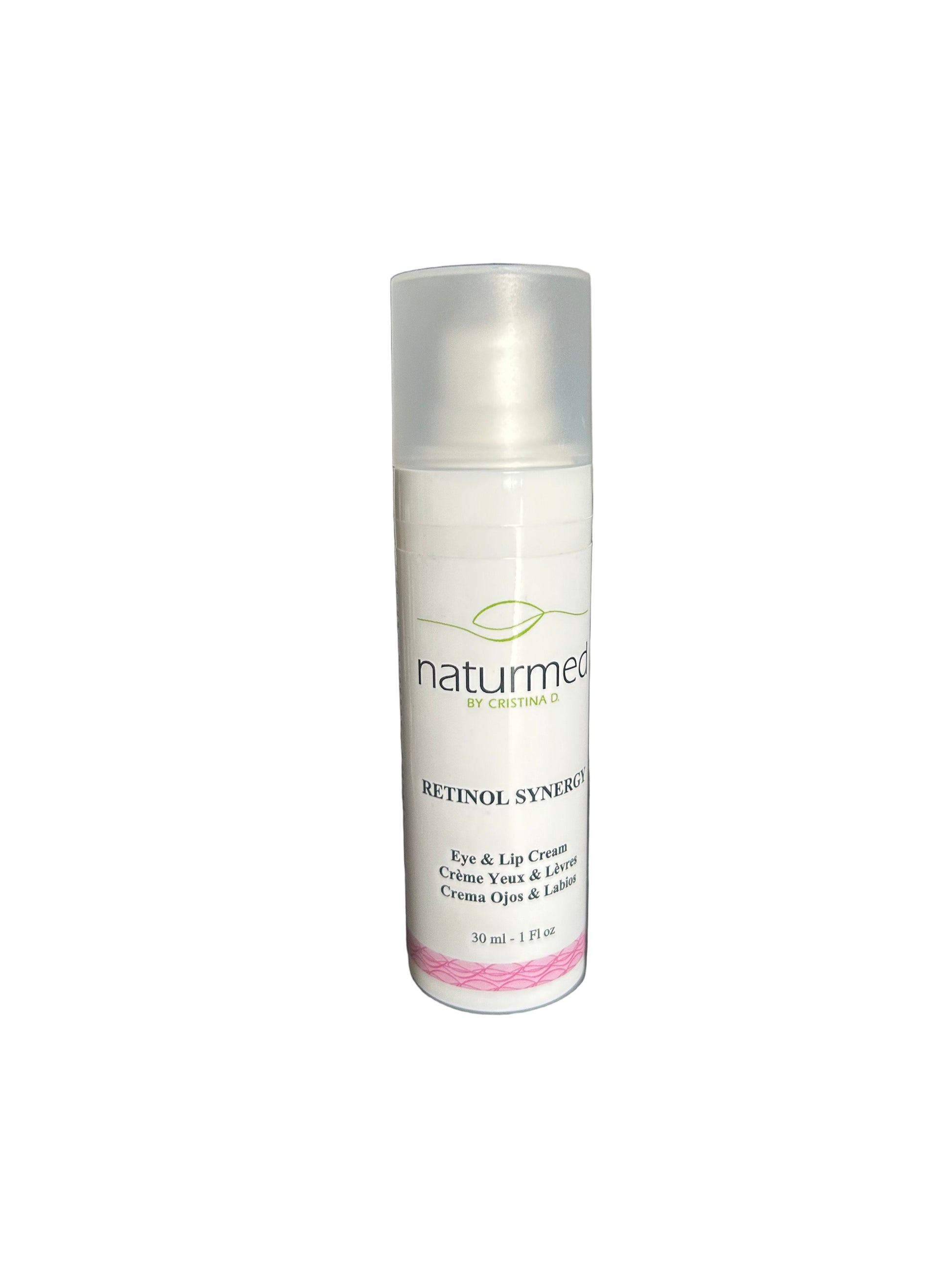 Eye and lip cream in plastic pump on white background.