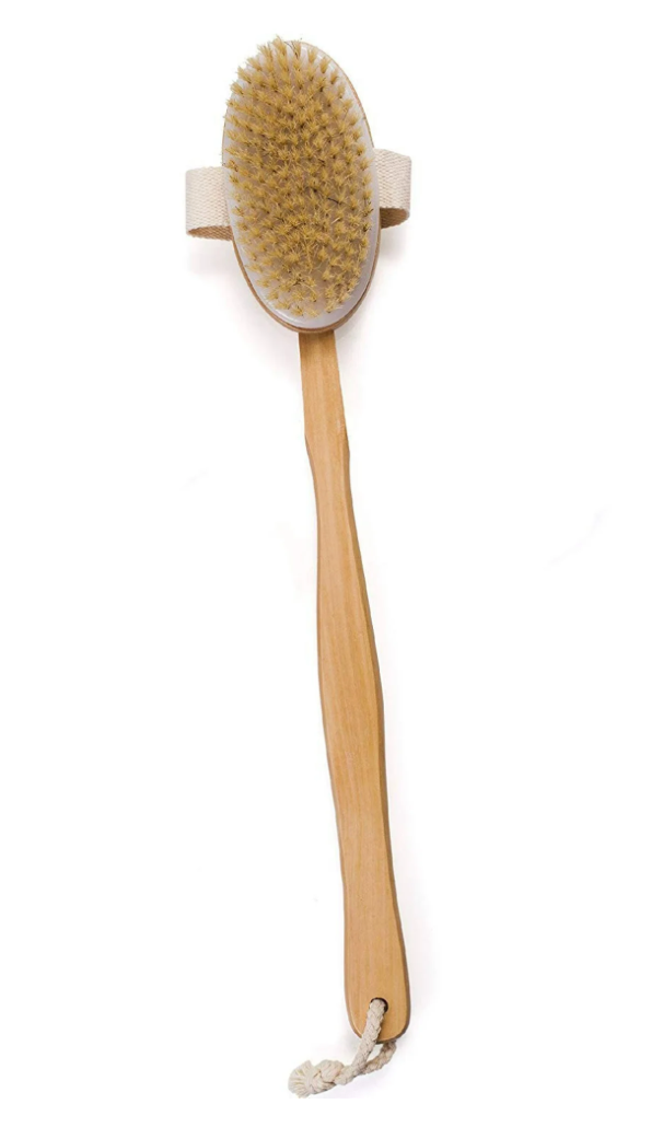 Natural Bristles Dry Brush  with Long Handle - Curved Back Brush Made of Wood - Excellent for Gentle Skin Exfoliation, Dry Massage  Natural Color, 6.5 Cm